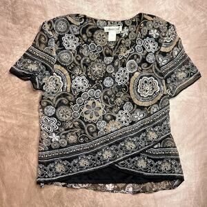 Vintage Y2K Coldwater Creek Mesh Layered Floral Blouse Metallic Round Neck Boho